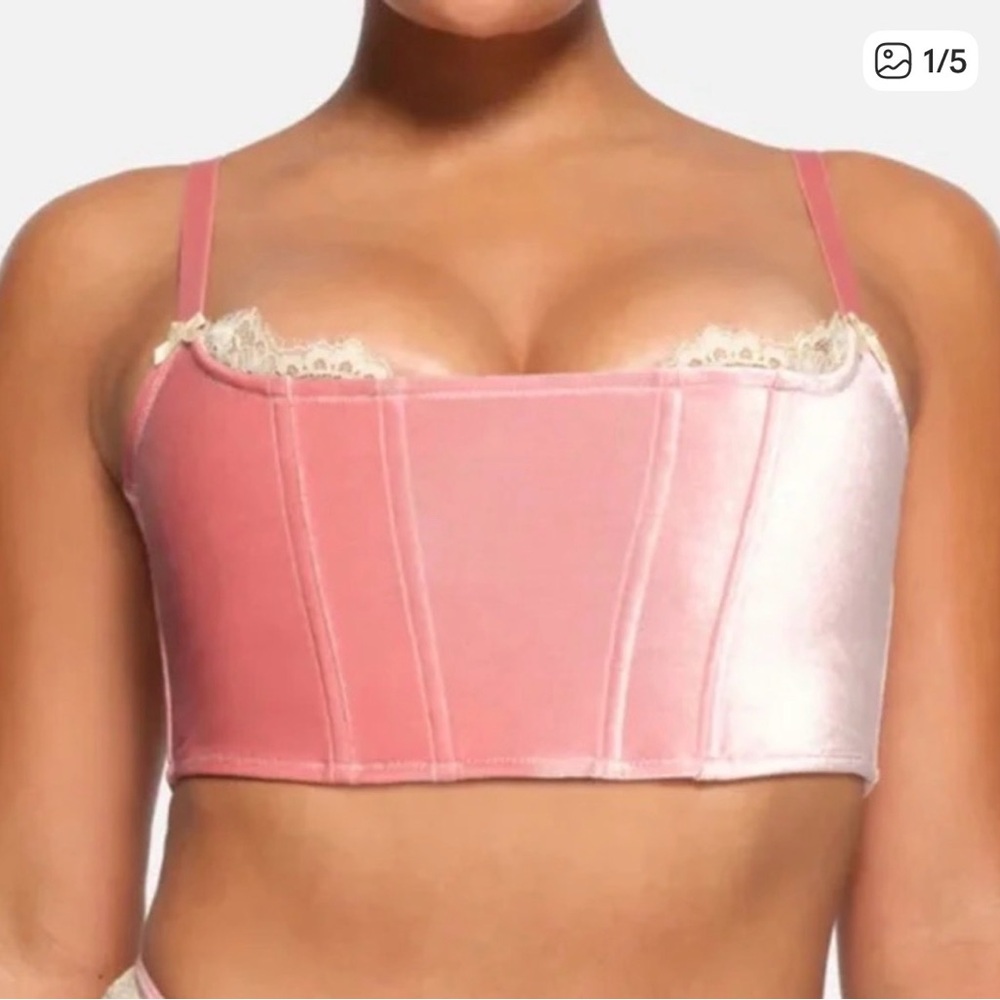 SKIMS Pink Satin Lace-Trim Bustier Crop Top